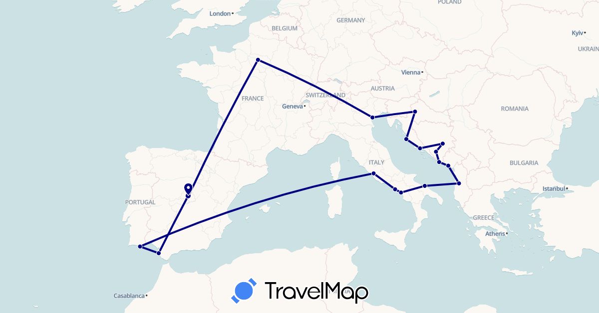 TravelMap itinerary: driving in Albania, Bosnia and Herzegovina, Spain, France, Croatia, Italy, Montenegro, Portugal (Europe)